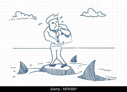 Business Man Doodle Standing On Rock With Sharks Around Danger And Crisis Concept Stock Vector