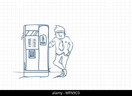 Sketch Business Man Drinking Coffee Standing At Vending Machine Doodle Over Squared Paper Background Stock Vector