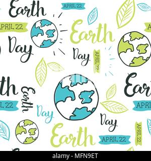 Happy Earth Day Seamless Pattern With Hand Drawing Lettering Creative 22 April Eco Event Background Stock Vector