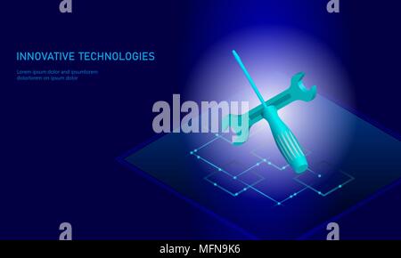 Computer service repair isometric. 3d blue flat technical support screwdriver future modern banner business technology. Process test diagnostic infographic background vector illustration Stock Vector