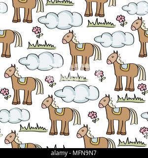 doodle seamless pattern with horses, vector eps 10 Stock Vector