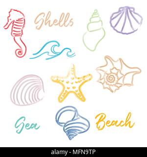 Hand drawn doodle watercolor Seashells and Sea elements set. Vector format Stock Vector