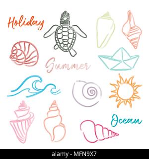 Hand drawn doodle watercolor Seashells and Sea elements set. Vector format Stock Vector