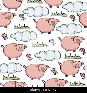 doodle seamless pattern with pigs, vector eps 10 Stock Vector