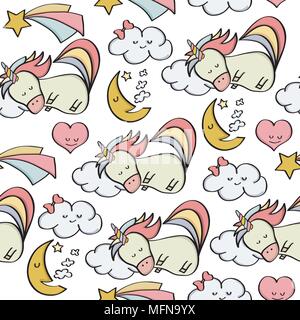 Doodle seamless pattern with unicorns and other fantasy magical elements. Vector Stock Vector