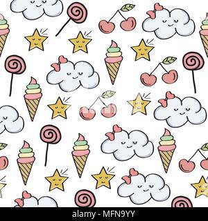 Doodle seamless pattern with magical sweets elements. Vector Stock Vector