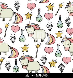 Doodle seamless pattern with unicorns and other fantasy magical elements. Vector Stock Vector