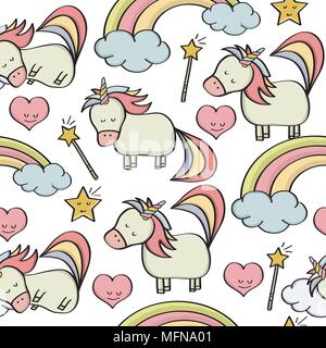 Doodle seamless pattern with unicorns and other fantasy magical elements. Vector Stock Vector
