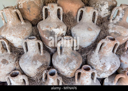 Different shape and size of amphoras in Castle of St. Peter or Bodrum Castle, Turkey.Collection of amphoras from different parts of the Mediterranean Stock Photo