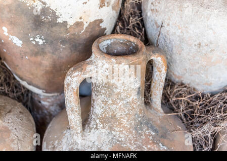 Different shape and size of amphoras in Castle of St. Peter or Bodrum Castle, Turkey.Collection of amphoras from different parts of the Mediterranean Stock Photo