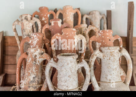 Different shape and size of amphoras in Castle of St. Peter or Bodrum Castle, Turkey.Collection of amphoras from different parts of the Mediterranean Stock Photo