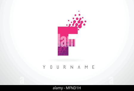 F Letter Logo with Pink Letters and Purple Color Particles Dots Design. Stock Vector