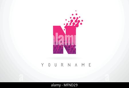 N Letter Logo with Pink Letters and Purple Color Particles Dots Design. Stock Vector