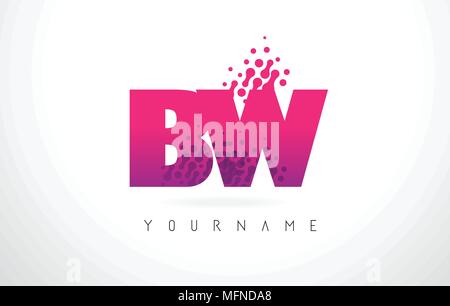 BW B W Letter Logo with Pink Letters and Purple Color Particles Dots Design. Stock Vector