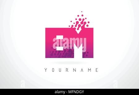 EM E M Letter Logo with Pink Letters and Purple Color Particles Dots Design. Stock Vector