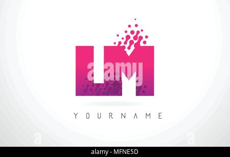 LM L M Letter Logo with Pink Letters and Purple Color Particles Dots Design. Stock Vector