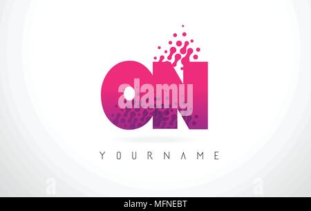 ON O N Letter Logo with Pink Letters and Purple Color Particles Dots Design. Stock Vector
