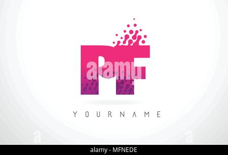 PF P F Letter Logo with Pink Letters and Purple Color Particles Dots Design. Stock Vector