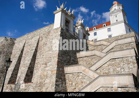 Approach steps and outer wall to Bratislava Castle, Slovakia. Stone walls, white building and blue sky background Stock Photo