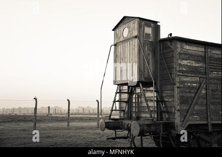 Auschwitz II-Birkenau, Brzezinka, Poland: Abandoned freight carriage used to transport prisoners during WW2. Sepia toned image with neutral background Stock Photo