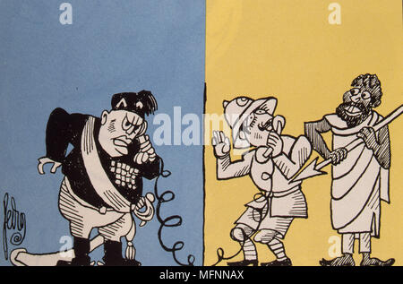 Abyssinia (Ethiopia) under threat from Italy. Mussolini, Italian Fascist dictator shouting down the telephone  On 9 May 1936 Mussolini was able to announce that Italy had an empire. Italian propaganda postcard. Cartoon from 'Le Canard enchaine', Paris, 1936. Stock Photo