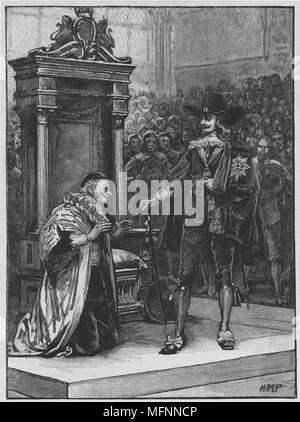 Charles I demanding the surrender of the five Members of Parliament (John Hampden, John Pym, Sir Arthur Hasilrigge, Denzil Holles and William Strode) 4 January 1642.  The Speaker, William Lenthall (1591-1662) kneels before the king  saying he has not seen the wanted man. Engraving c1885. Stock Photo
