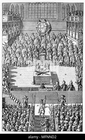 Trial of Charles I, January 1649. Charles I (1600-1649), king of Great Britain and Ireland from 1625, on trial by Parliament in Westminster Hall, London. Charles, as an absolute monarch, did not accept the authority of the court and his refusal to plead was construed as a ple of guilty. Stock Photo