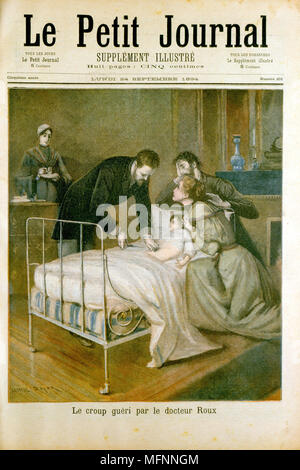 Emile Roux treating a sick child by administering an abdominal injection. The procedure could apply to Diptheria to Croup .(Pierre-Paul) Emile Roux (1853-1933) French bacteriologist, assistant to Louis Pasteur.  In 1894, with Yersin, discovered the non-to Stock Photo