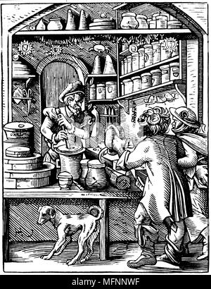 The Druggist. 16th century woodcut by Jost Amman. Druggist is using pestle and mortar to grind ingredients. Stock Photo