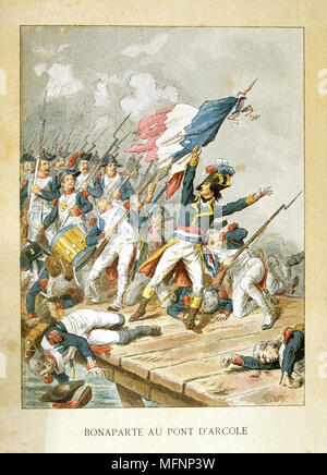 Napoleon Bonaprte leading his troops across the bridge at Arcole (Arcola).   French victory over the Austrians  15 November 1796.  Popular French hand-coloured woodcut. Stock Photo