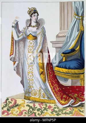 Cermonial robes worn by Josephine at the coronation of Napoleon, 2 December 1804. Hand-coloured engraving. Stock Photo