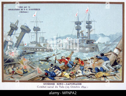 First Sino-Japanese War, 1894:  Battle at the mouth of the Yalu Rover, 17 September 1894, between the Japanese and Chinese navies. The Chinese fleet was overwhelmed by that of the Japanese.  Chromolithograph c1900. Stock Photo