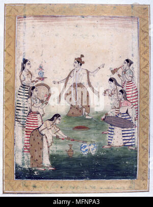 Album of Ragamala. Vasanta (Spring): Krishna dances to playing of Gopis,  cow-herding young women devoted to Krishna. 19th century Indian miniature, Rajasthan School with Mughul influence. Stock Photo