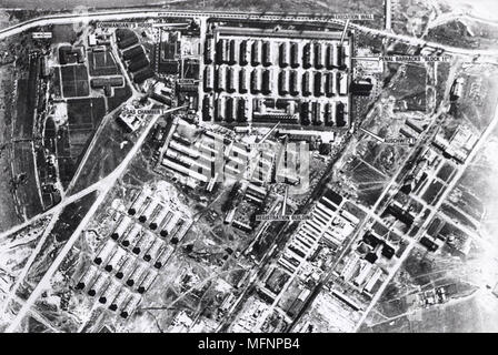 Aerial view of Auschwitz I concentration camp, 4 April 1944. Auschwitz-Birkenau, Poland, was the largest of the German Nazi concentration and extermination camps during the Second World War. Stock Photo
