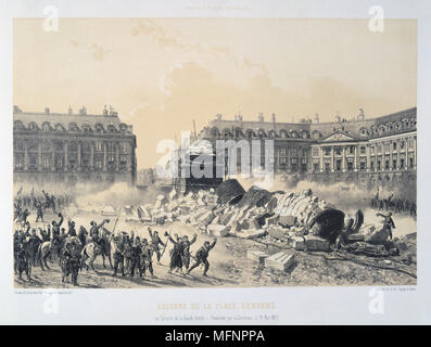 Paris Commune 26 March-28 May 1871. Destruction of the Vendome Column, erected by Napoleon to  commemorate his victory at Austerlitz.  Lithograph. Stock Photo