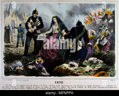 Franco-Prussian War 1870-1871: Allegory of the defeat destruction and bankruptcy of France, humiliated by  Prussia robbing her of her wealth.  Coloured lithograph.