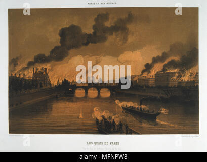 Paris Commune 26 March-28 May 1871. The Bloody Week: The Quays of Paris, view of the Pont Solferino on the night of 24 May, Paris in flames.  Lithograph. Stock Photo