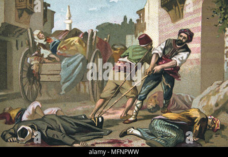 Massacre of Armenians by Ottoman Turks under Abdul Hamid, 1895-1896  Bodies of victims of the massacre at Malatya, Anatolia, being collected.  Religious Conflict Turkey Trade Card  French Chromolithograph Stock Photo