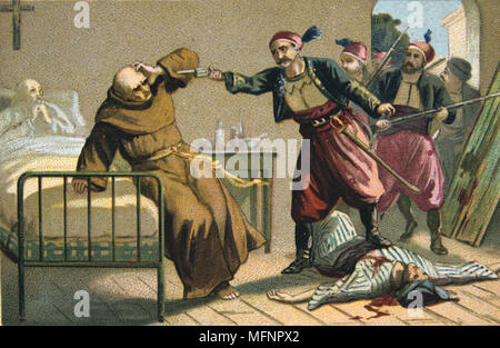Massacre of Armenians by Ottoman Turks under Abdul Hamid, 1895-1896. Death of Franciscan Father Salvatore Lilli at Mujukderesi, 1895.     Religious Conflict Turkey Trade Card  French Chromolithograph Stock Photo
