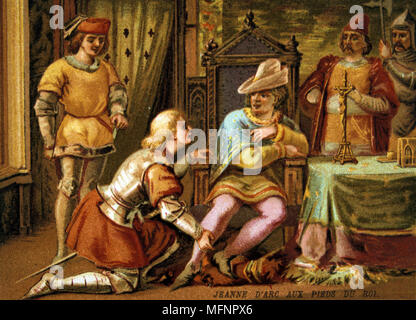 Joan of Arc (Saint Joan c1412-1431) French national heroine during the Hundred Years' War between France and England. Joan, in male dress, at the feet of Charles VII, 1429.  Nineteenth century Trade Card Chromolithograph Stock Photo