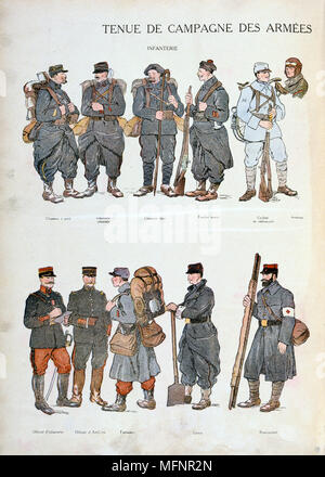 French military uniforms in World War I, 1914-1918.    Infantry and, top right, Aviator. Coloured print Stock Photo