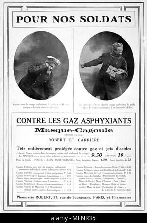 Advertisement for gas masks. From the French periodical 'Le Flambeau', 18 September 1915.  Chemical Warfare First World War 1914-1918. Stock Photo
