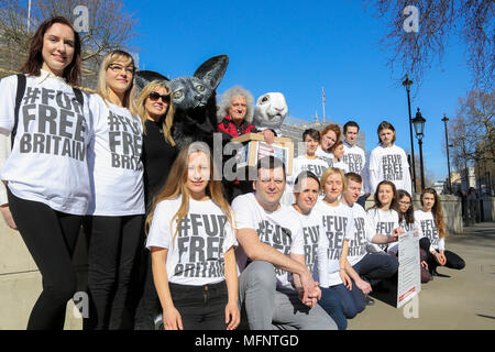 Queen guitarist Brian May alone with animal-protection campaigners including two wearing giant papier mâché fox and rabbit heads on the steps of 10 Downing Street with a petition of more than 400,000 signatures urging Prime Minister Theresa May to introduce a UK animal-fur import ban.  Featuring: Brian May Where: London, United Kingdom When: 26 Mar 2018 Credit: Dinendra Haria/WENN Stock Photo