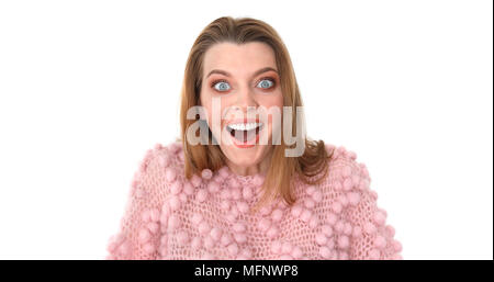 Portrait young surprised and shocked woman in pink Stock Photo