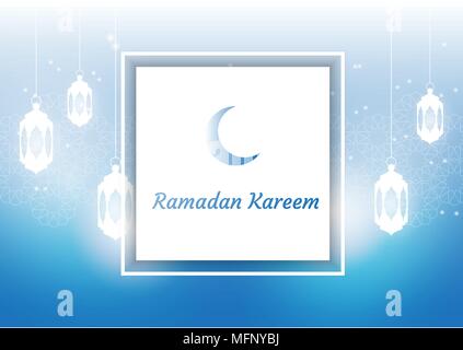 Ramadan Kareem beautiful greeting card. Ramadan Kareem background with moon, stars, lantern, mosque in the clouds. Stock Vector