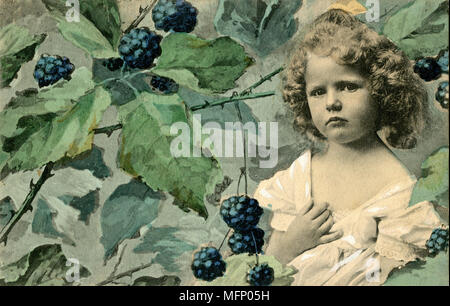 Girl with blackberry branches, Stock Photo