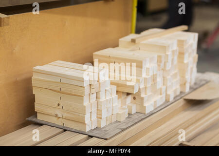 wooden boards at workshop or woodworking plant Stock Photo