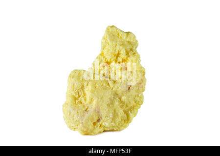 Macro shooting of natural gemstone. Raw mineral sulfur, Indonesia. Isolated object on a white background. Stock Photo