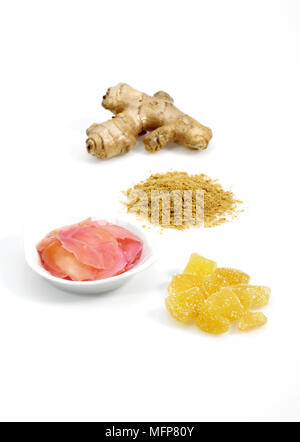 Ginger Powder, Root, Marinated and Crystallised, zingiber officinale  against White Background Stock Photo