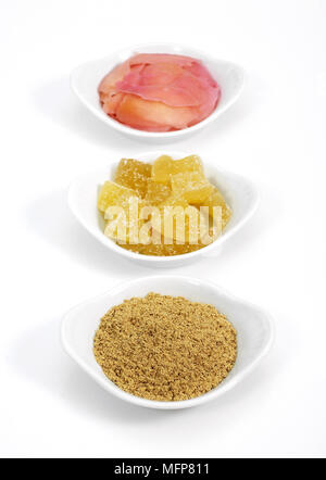 Ginger Powder, Marinated and Crystallised, zingiber officinale  against White Background Stock Photo